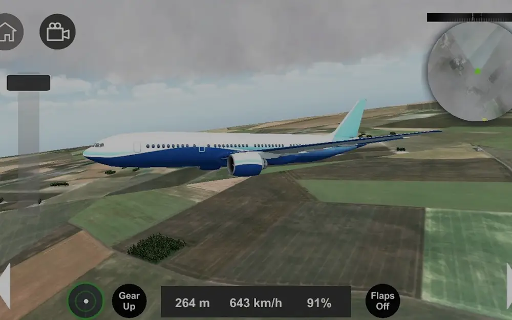 Avião de linha em rota sobre campos agrícolas no simulador Flight Sim