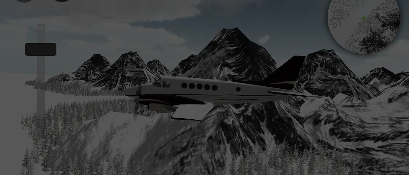 Aeronave a voar entre montanhas nevadas no simulador Flight Sim