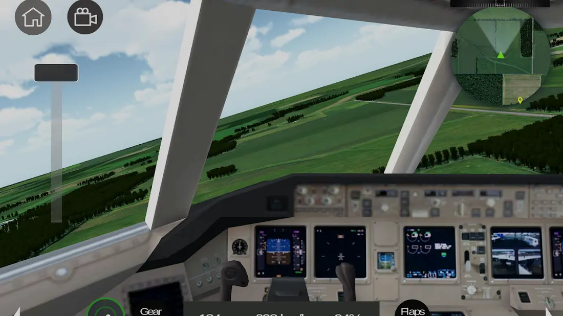 Interior da cabine com painel de instrumentos em voo no jogo Flight Sim