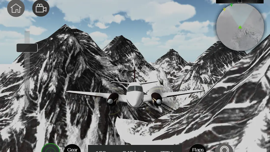 Bimotor a cruzar uma cordilheira nevada no jogo Flight Sim