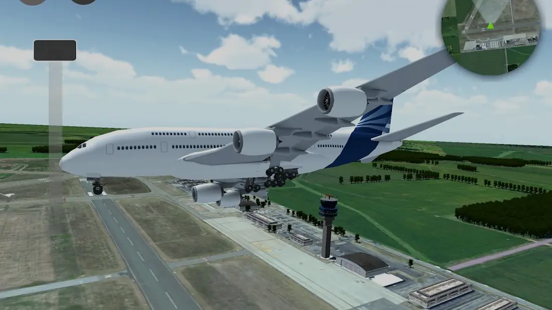 Avião de linha em subida sobre o aeroporto com a torre visível no jogo Flight Sim