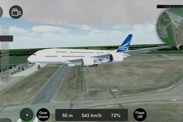 Avião de linha a rolar na pista depois da aterragem no jogo Flight Sim