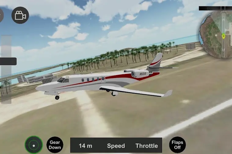 Jacto executivo numa pista junto ao mar no jogo Flight Sim