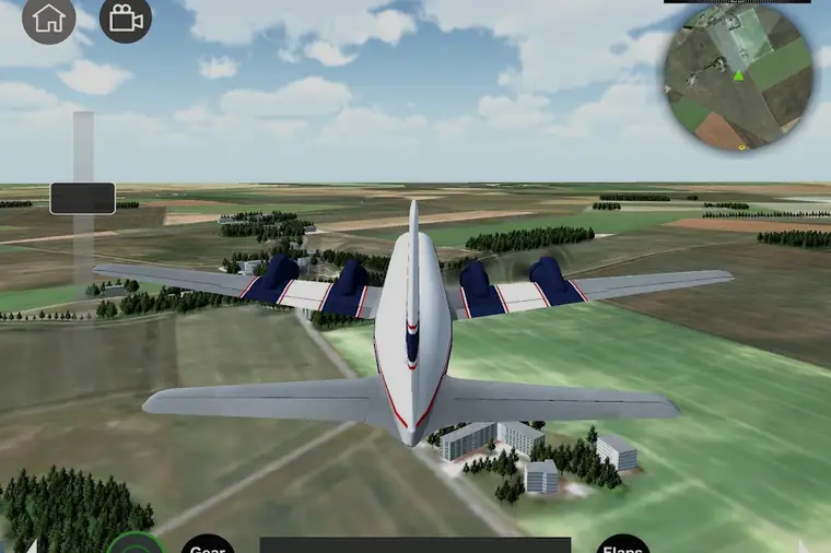 Avião visto de cima num circuito de aeródromo no jogo Flight Sim