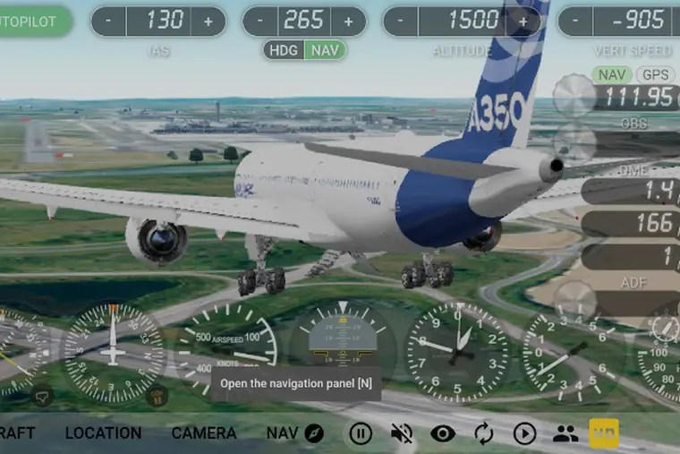Avião de linha com painel de navegação sobreposto no jogo GeoFS - Flight Simulator