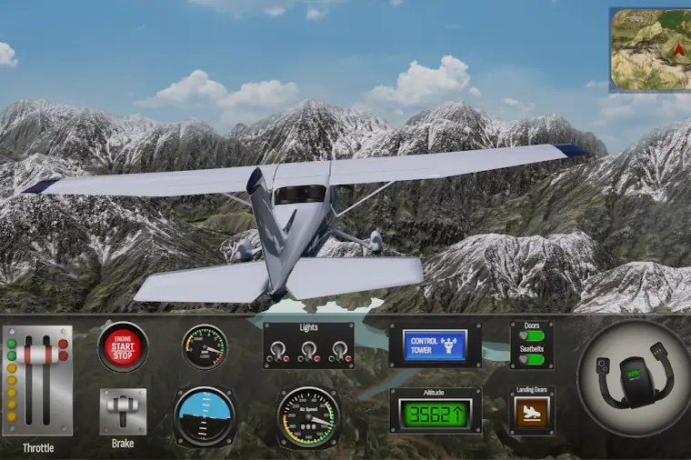 Aeronave ligeira sobre montanhas nevadas no jogo Airplane Pro: Flight Simulator