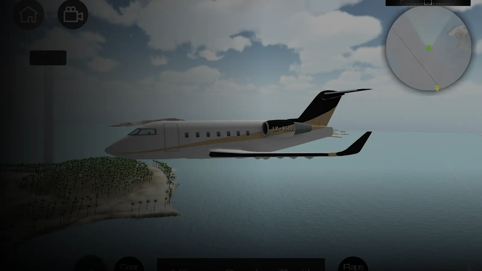 Jacto executivo em voo sobre a costa no simulador Flight Sim
