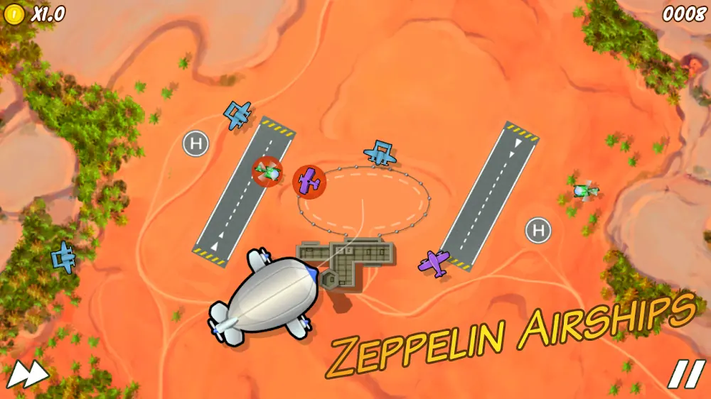 Mapa desenhado à mão com pistas e dirigível no jogo Air Control 2