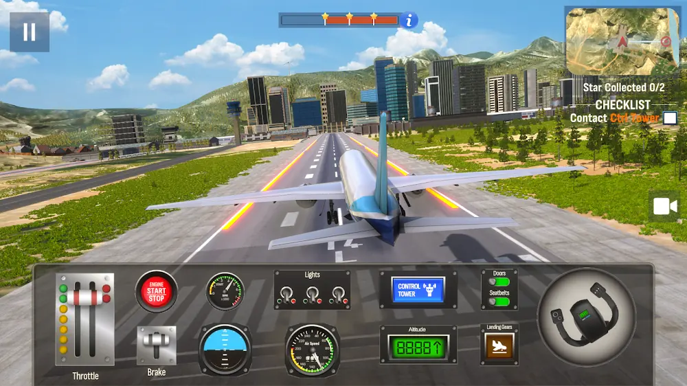 Avião alinhado na pista com painel de comandos no jogo Airplane Pro: Flight Simulator