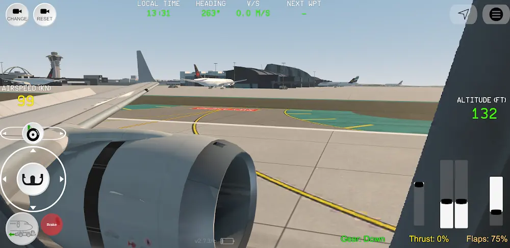 Vista da asa e do motor durante o táxi no jogo Flight Simulator Advanced