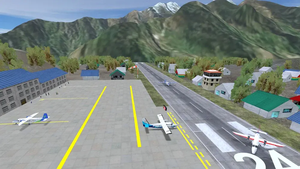 Vista da torre sobre a pista de um aeroporto no jogo Airport Madness 3D: Volume 2