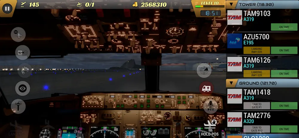 Painel noturno de controlo de tráfego com lista de voos no jogo Unmatched Air Traffic Control